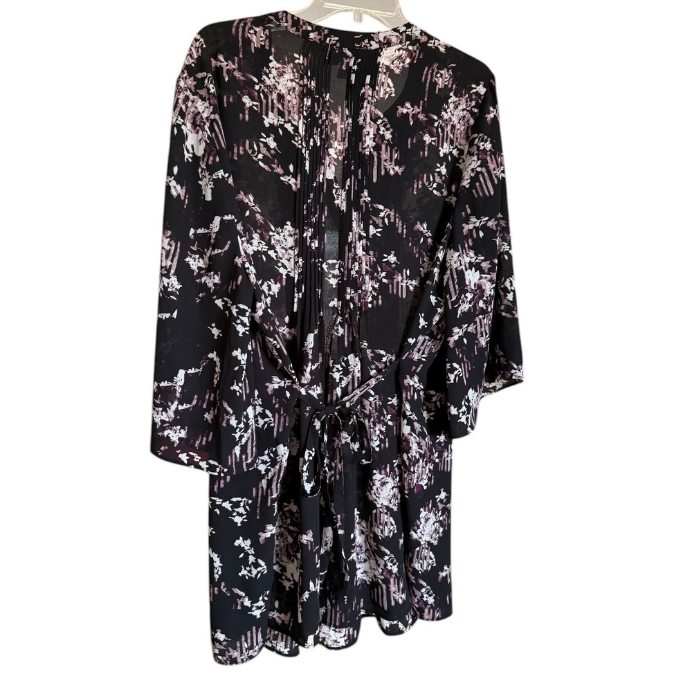 Prescott New York Womens 2X Floral Pintuck Blouse Black Purple 3/4 Bell Sleeve‎ - Picture 2 of 7